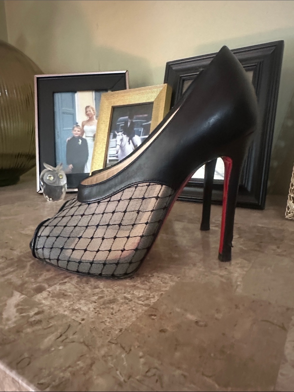 Christian Louboutin Black Mesh and Leather Pointed Pumps with Red Sole